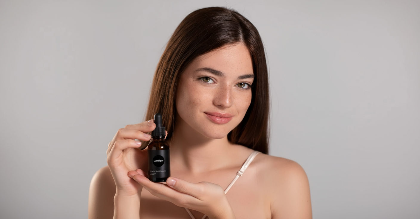Woman holding Lumifique Glycolic Acid Serum