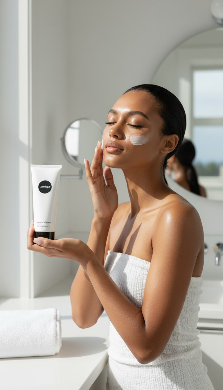 Woman using Lumifique Vitamin C Cleanser